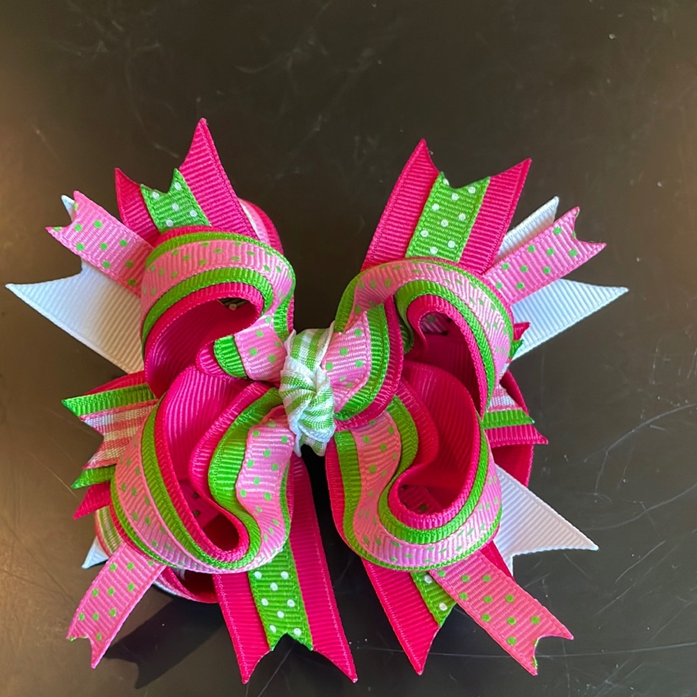 Custom made Hair Bow-hot pink with green and white accents-must have!
